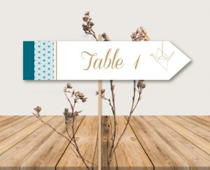 Nom de tables mariage chic thème origami japon et grues bleu et or