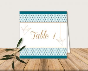 Nom de tables mariage chic thème origami japon et grues bleu et or